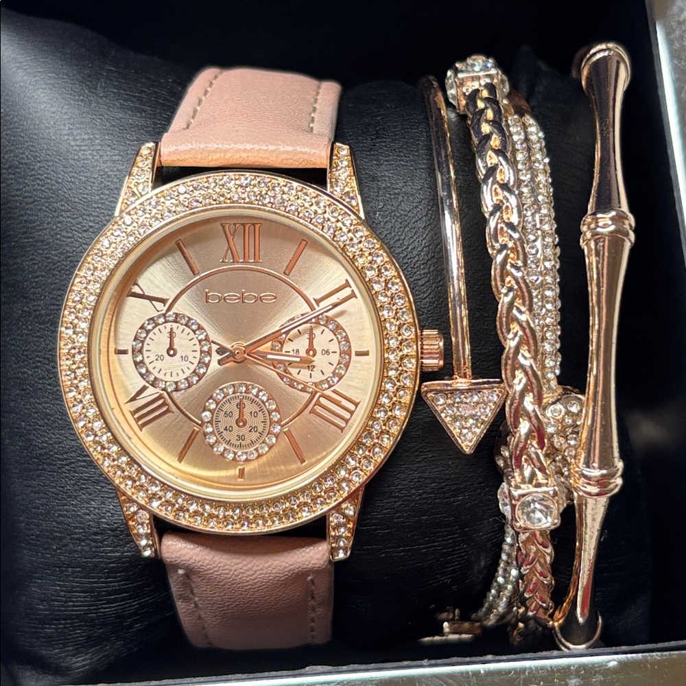 Bebe Rose Gold Watch with Pink Strap and Bracelet Set
